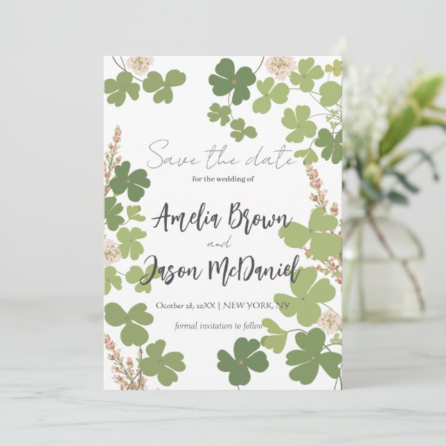Green Clover Spring Wildflowers Wedding  Save The Date (Standing Front)