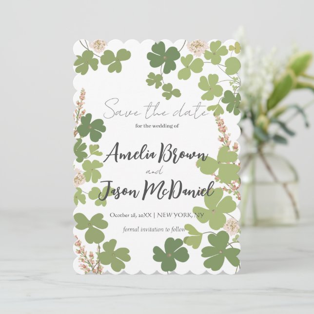 Green Clover Spring Wildflowers Wedding  Save The Date (Standing Front)