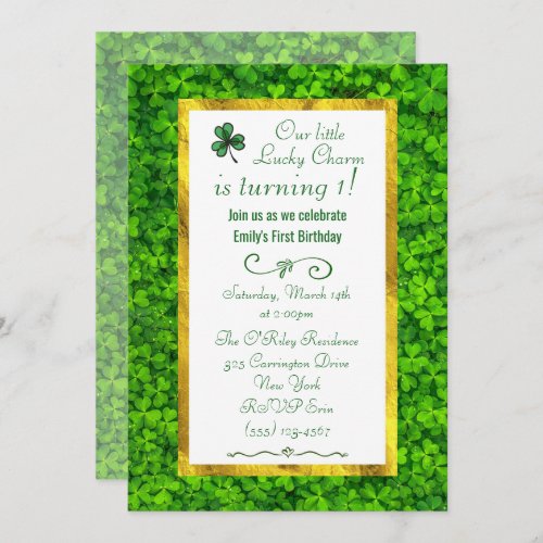 Green Clover with FAUX Gold Foil 1st Birthday Invitation