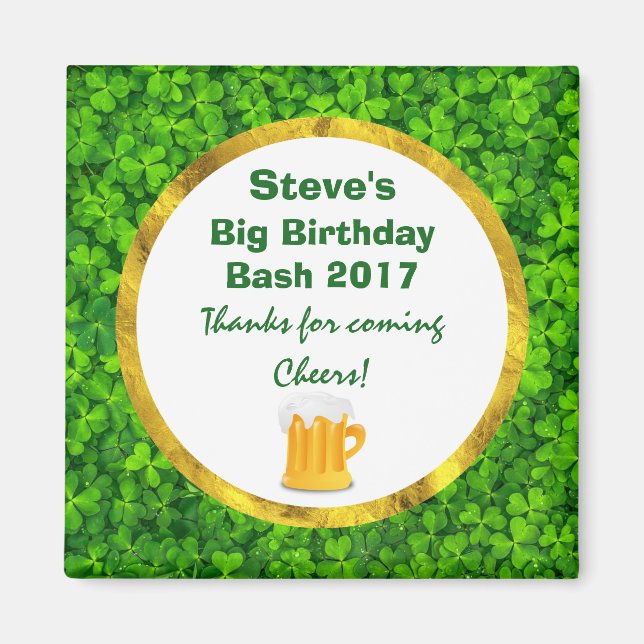 Green Clovers and Beer Mug Personalized Birthday Magnet (Front)