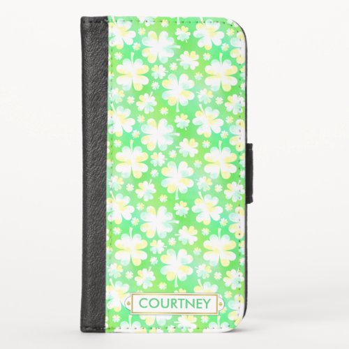 Green Clovers Irish Shamrocks Personalized Name iPhone X Wallet Case