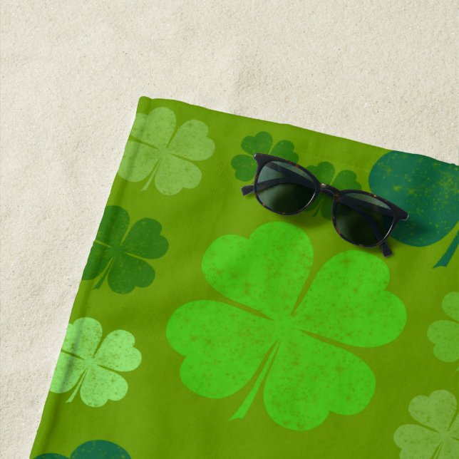 Green Clovers, Lucky Clovers, Saint Patrick's Day Beach Towel (In Situ)