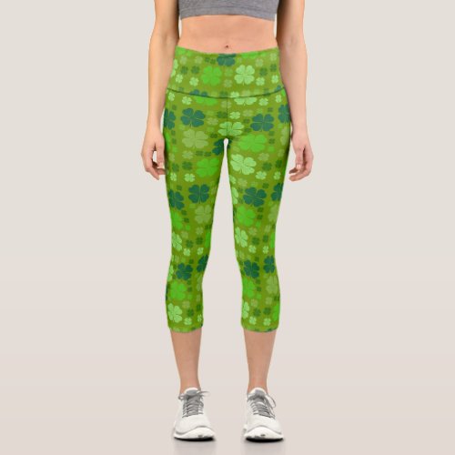 Green Clovers Lucky Clovers Saint Patricks Day Capri Leggings