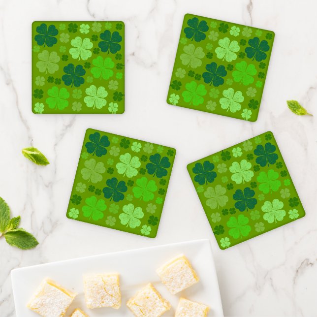 Green Clovers, Lucky Clovers, Saint Patrick's Day Coaster Set (In Situ)