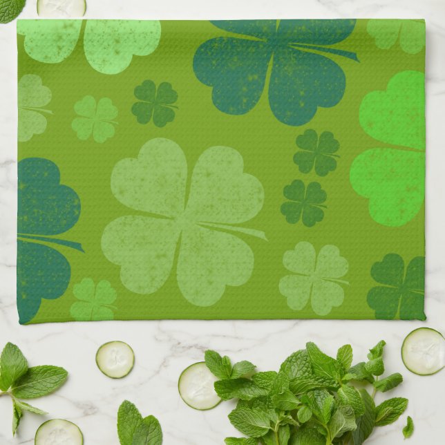 Green Clovers, Lucky Clovers, Saint Patrick's Day Kitchen Towel (Folded)