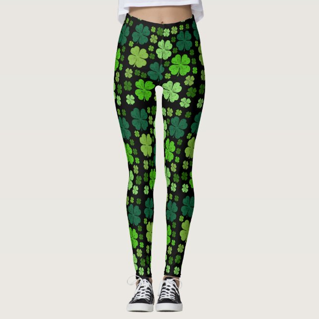 Green Clovers, Lucky Clovers, Saint Patrick's Day Leggings (Front)