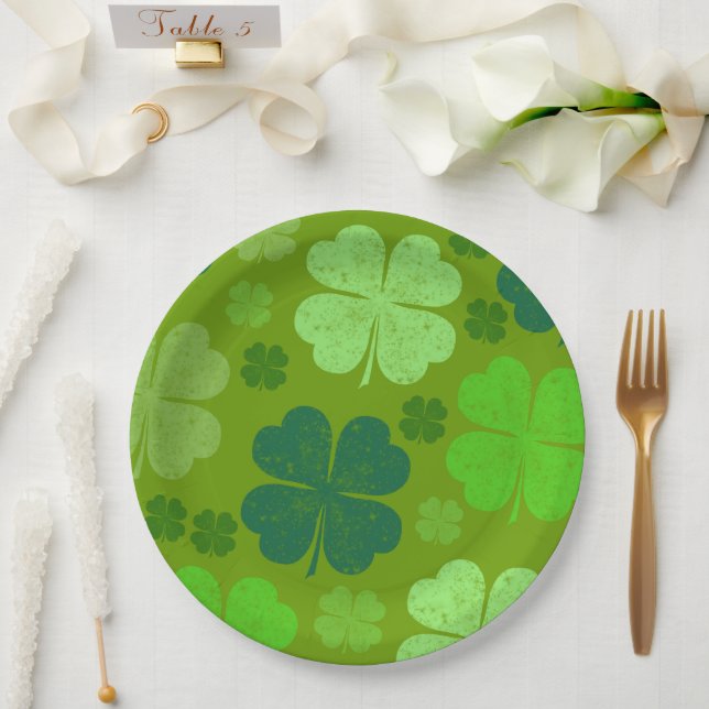 Green Clovers, Lucky Clovers, Saint Patrick's Day Paper Plates (Wedding)