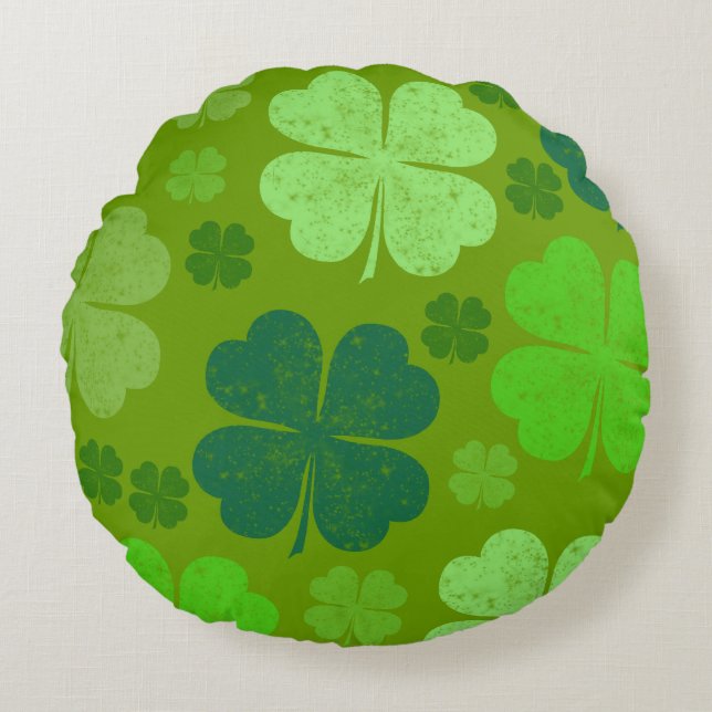 Green Clovers, Lucky Clovers, Saint Patrick's Day Round Pillow (Front)