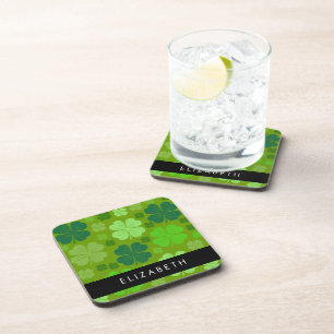 Green Clovers, Lucky Clovers, Your Name Beverage Coaster