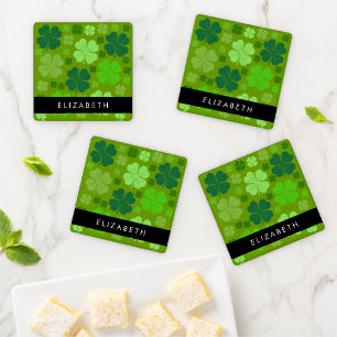 Green Clovers, Lucky Clovers, Your Name Coaster Set