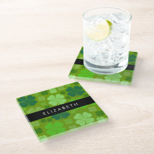 Green Clovers, Lucky Clovers, Your Name Glass Coaster