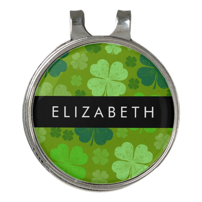 Green Clovers, Lucky Clovers, Your Name Golf Hat Clip (Front)