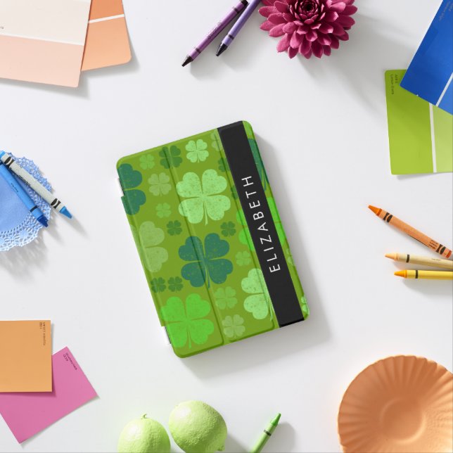 Green Clovers, Lucky Clovers, Your Name iPad Mini Cover (In Situ)