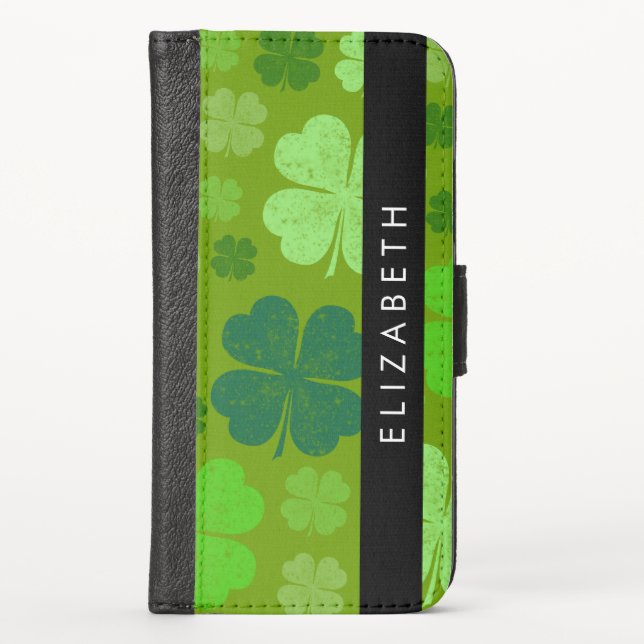 Green Clovers, Lucky Clovers, Your Name iPhone Wallet Case (Front)
