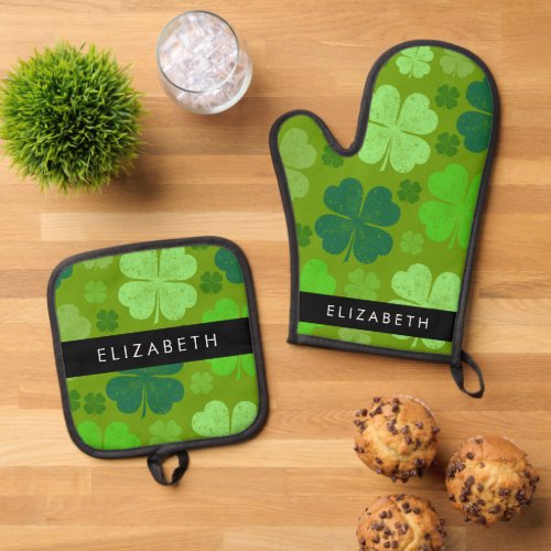 Green Clovers Lucky Clovers Your Name Oven Mitt  Pot Holder Set