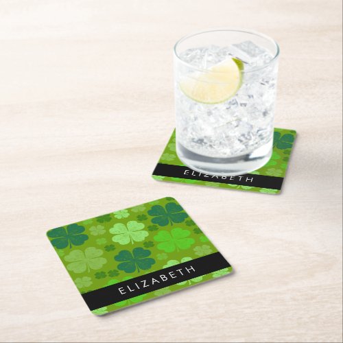 Green Clovers Lucky Clovers Your Name Square Paper Coaster