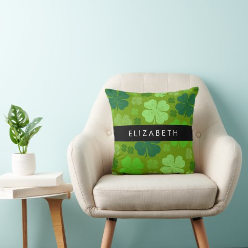 Green Clovers Lucky Clovers Your Name Throw Pillow