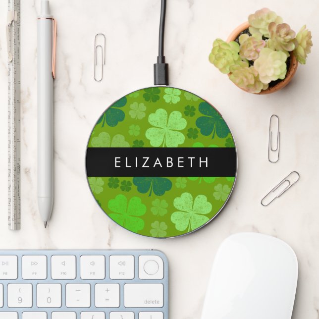 Green Clovers, Lucky Clovers, Your Name Wireless Charger (Desk)