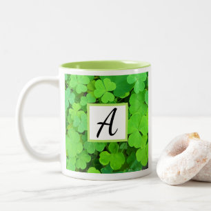Green Clovers Photo Prosperity Bible Verse Initial Two-Tone Coffee Mug