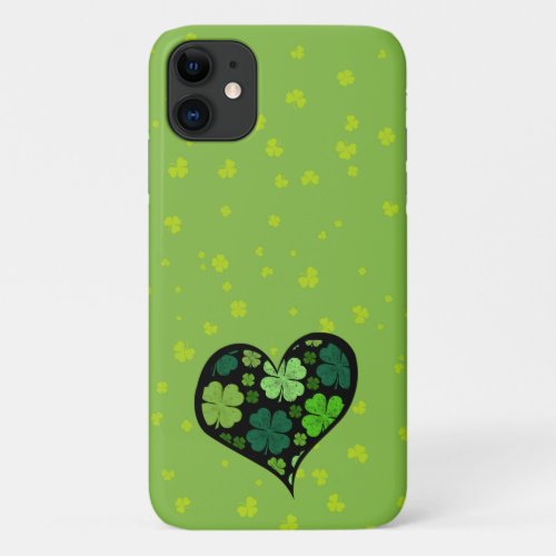 Green Clovers Saint Patricks Day Heart iPhone 11 Case