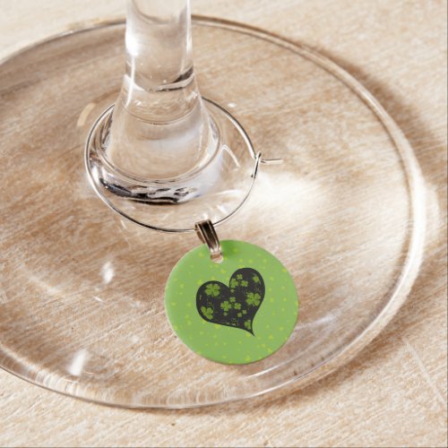 Green Clovers Saint Patricks Day Heart Wine Glass Charm