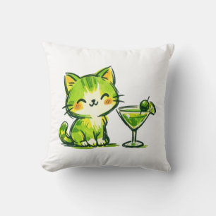 Green Cocktails and Cats Throw Pillow
