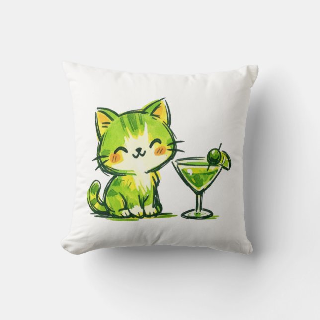 Green Cocktails and Cats Throw Pillow (Front)