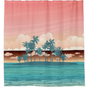 Green coconut island: sunset illustration. shower curtain