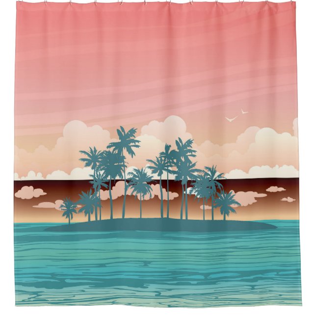 Green coconut island: sunset illustration. shower curtain (Front)