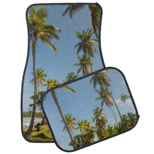 Green coconut palm tree near green grass field in car floor mat
