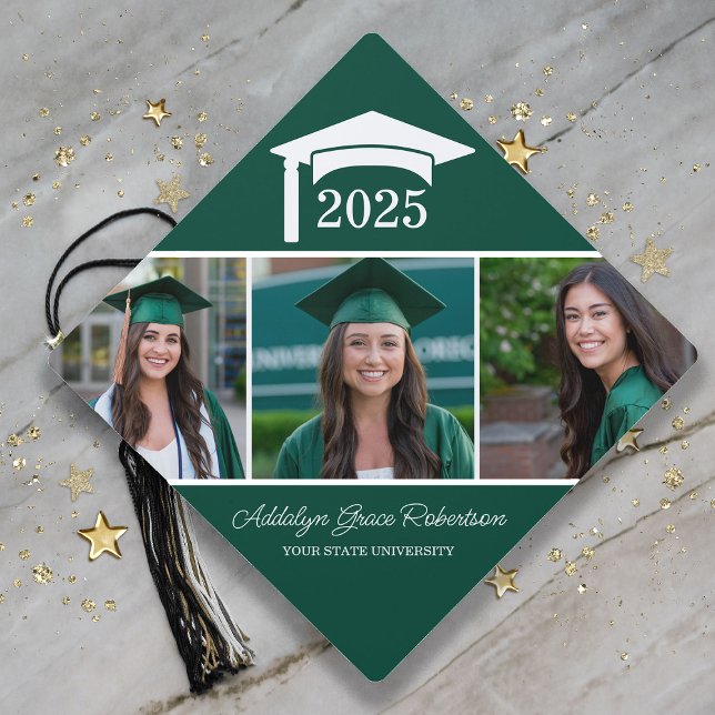 Green College University 3 Photo Graduation 2025 Graduation Cap Topper (Green and white 3-photo graduation cap topper.  )