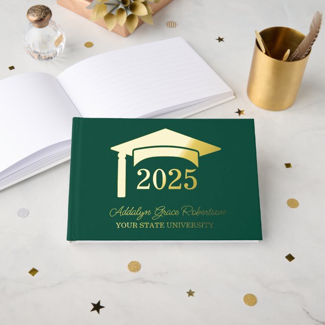 Green College University Cap Class of 2025 Foil Guest Book (Front Open)