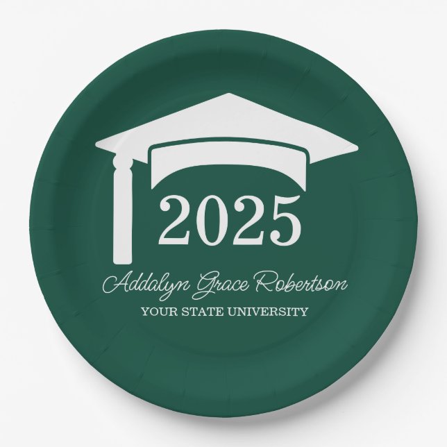 Green College University Cap Class of 2025 Paper Plates (Front)