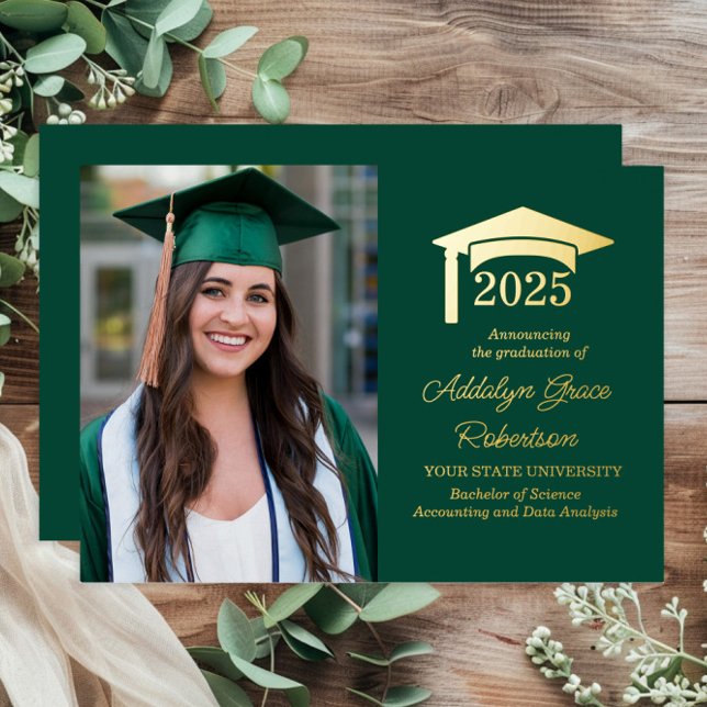 Green College University Photo Graduation Foil Invitation (Real gold foil green graduation party photo invitation)
