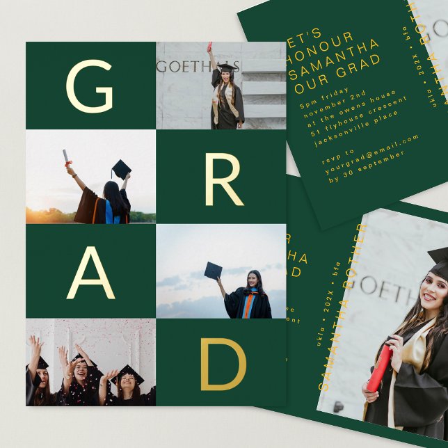 GREEN COLOR BLOCKS MULTI Photo GOLD GRAD Foil Invitation (Creator Uploaded)