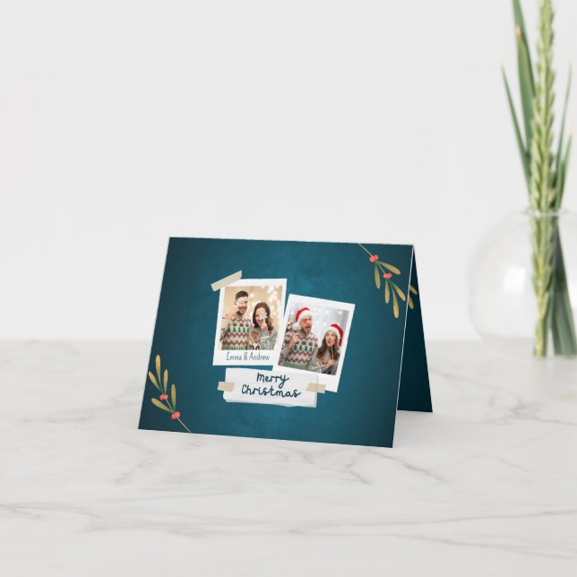 Green Color Christmas Photo Card with Greetings (Front)