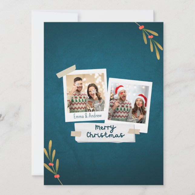 Green Color Christmas Photo Card with Greetings (Front)