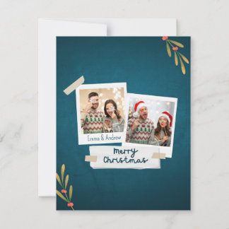 Green Color Christmas Photo Card with Greetings