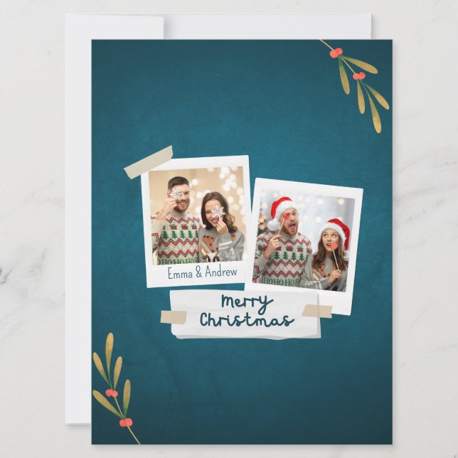 Green Color Christmas Photo Card with Greetings (Front)