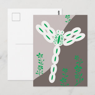 Green Color Splash Flying Floral Dragonfly Postcard