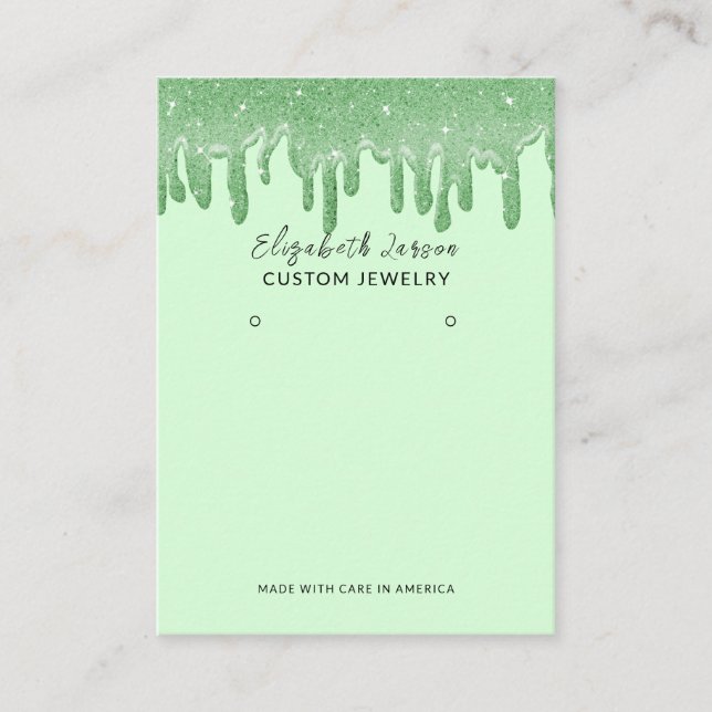 Green Color Theme Glitter Drops Jewelry Display Calling Card (Front)