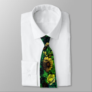 Green Color Vintage Floral Print Neck Tie