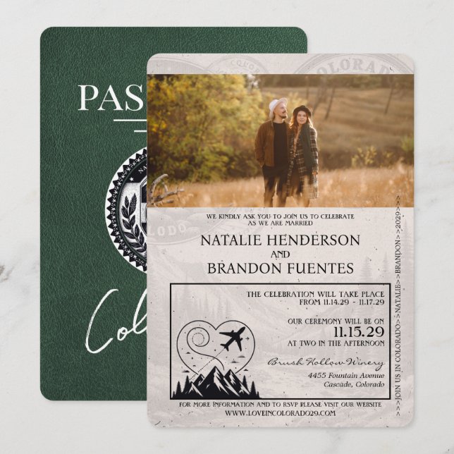 Green Colorado Passport Wedding Invitation (Front/Back)