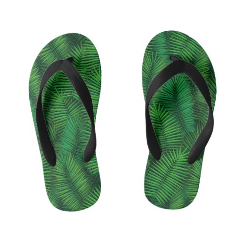 Green colored palm tree leaf pattern kids flip flops