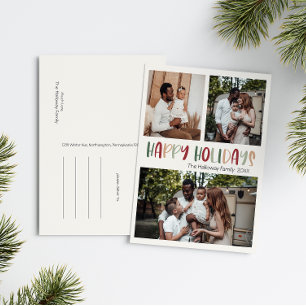 Green Colorful Happy Holidays Bold Three Photo Holiday Postcard