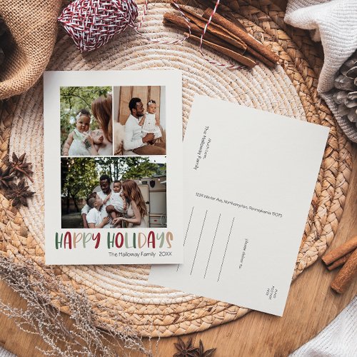 Green Colorful Happy Holidays Vertical 3 Photo Holiday Postcard