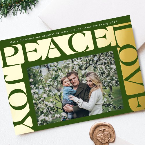 Green colorful LOVE PEACE JOY one photo frame Foil Holiday Card