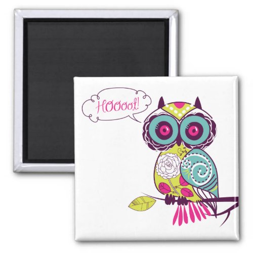 Green Colorful Ornate Retro Floral Owl Magnet