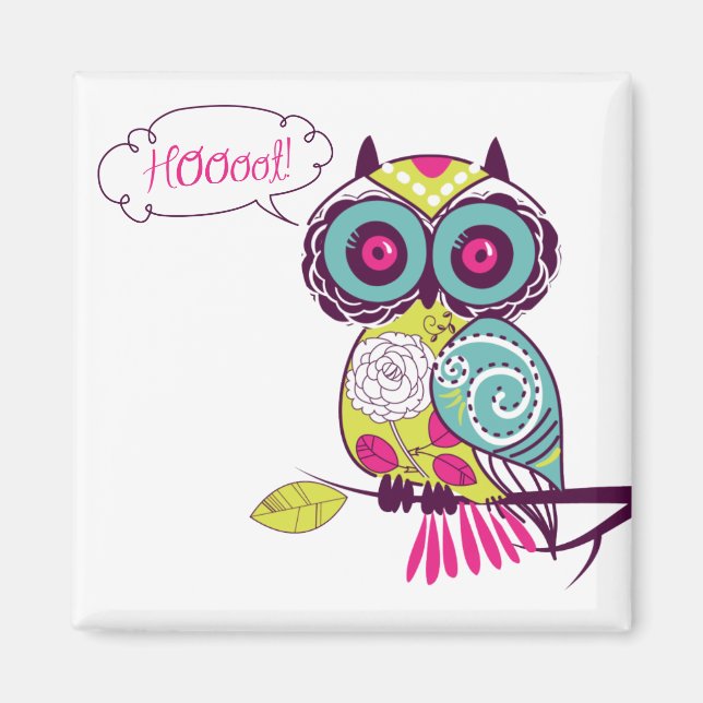 Green Colorful Ornate Retro Floral Owl Magnet (Front)