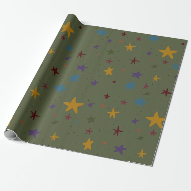 Green Colorful Star Wrapping Paper (Unrolled)